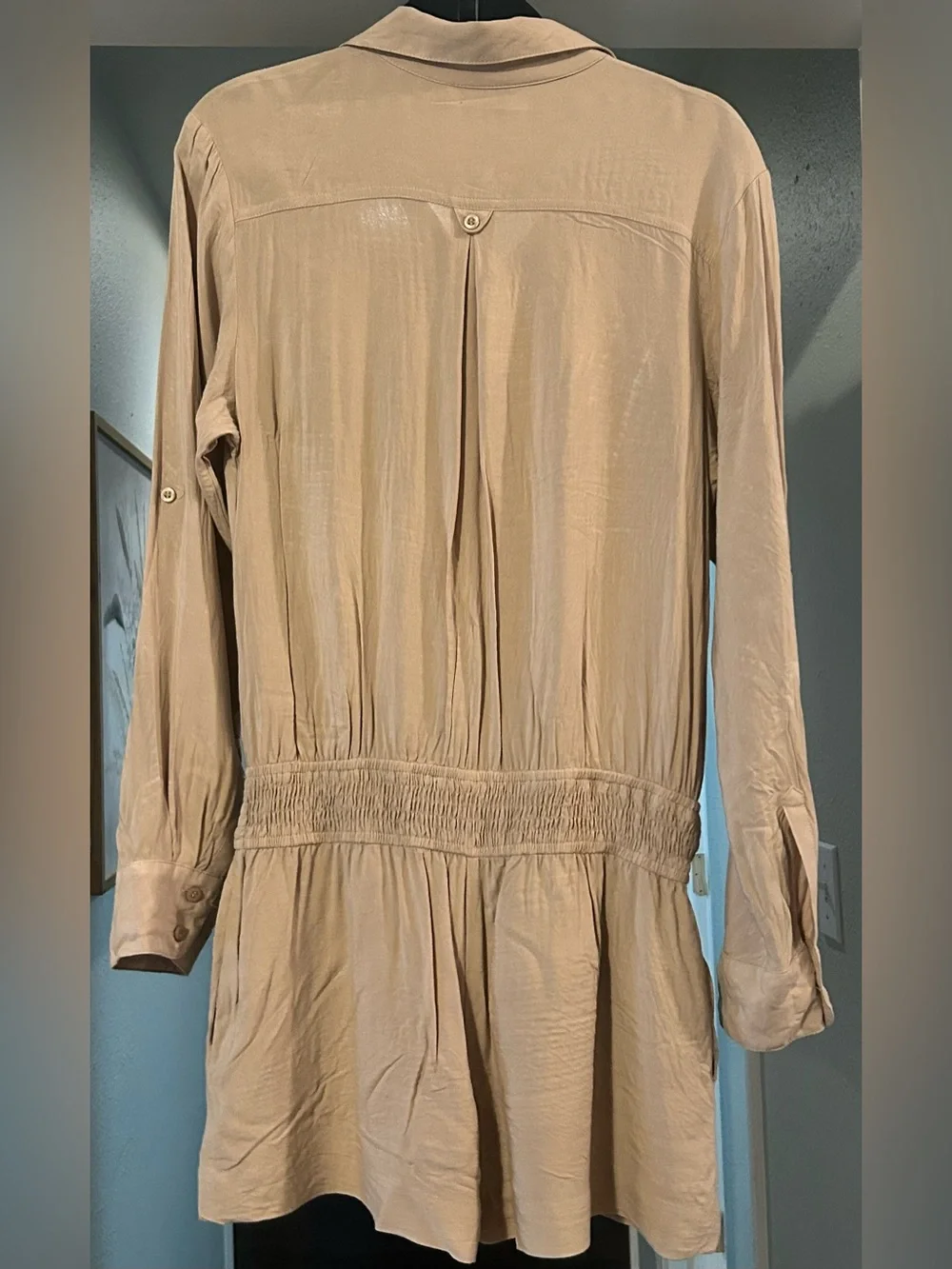 BCBGeneration Beige and Black Trim Long Sleeve Romper